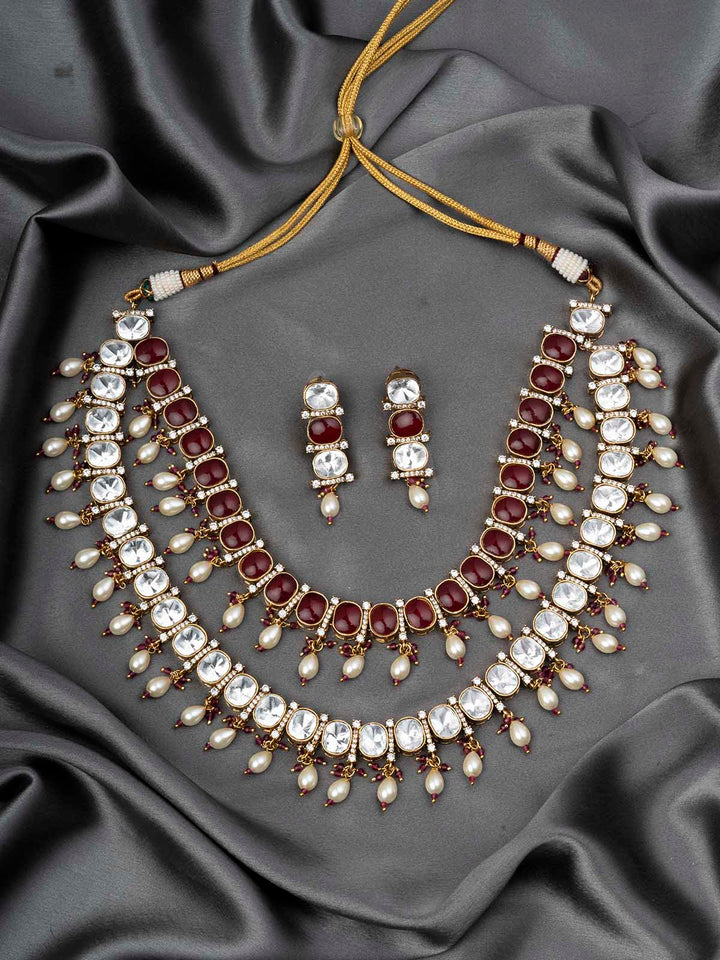 PK-S113P - Red Color Gold Plated Faux Diamond Medium Necklace Set