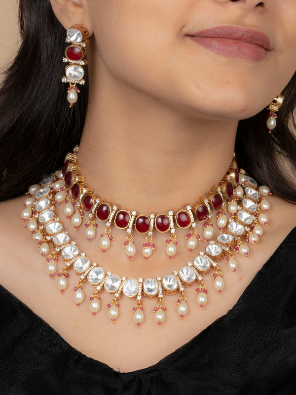 PK-S113P - Red Color Gold Plated Faux Diamond Medium Necklace Set