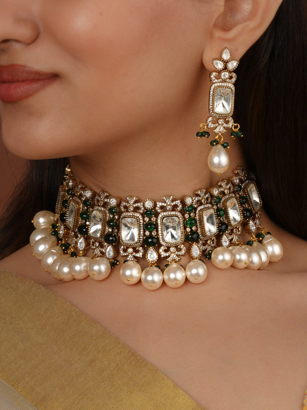 Green Color Gold Plated Faux Polki Necklace Set - PK-S119A