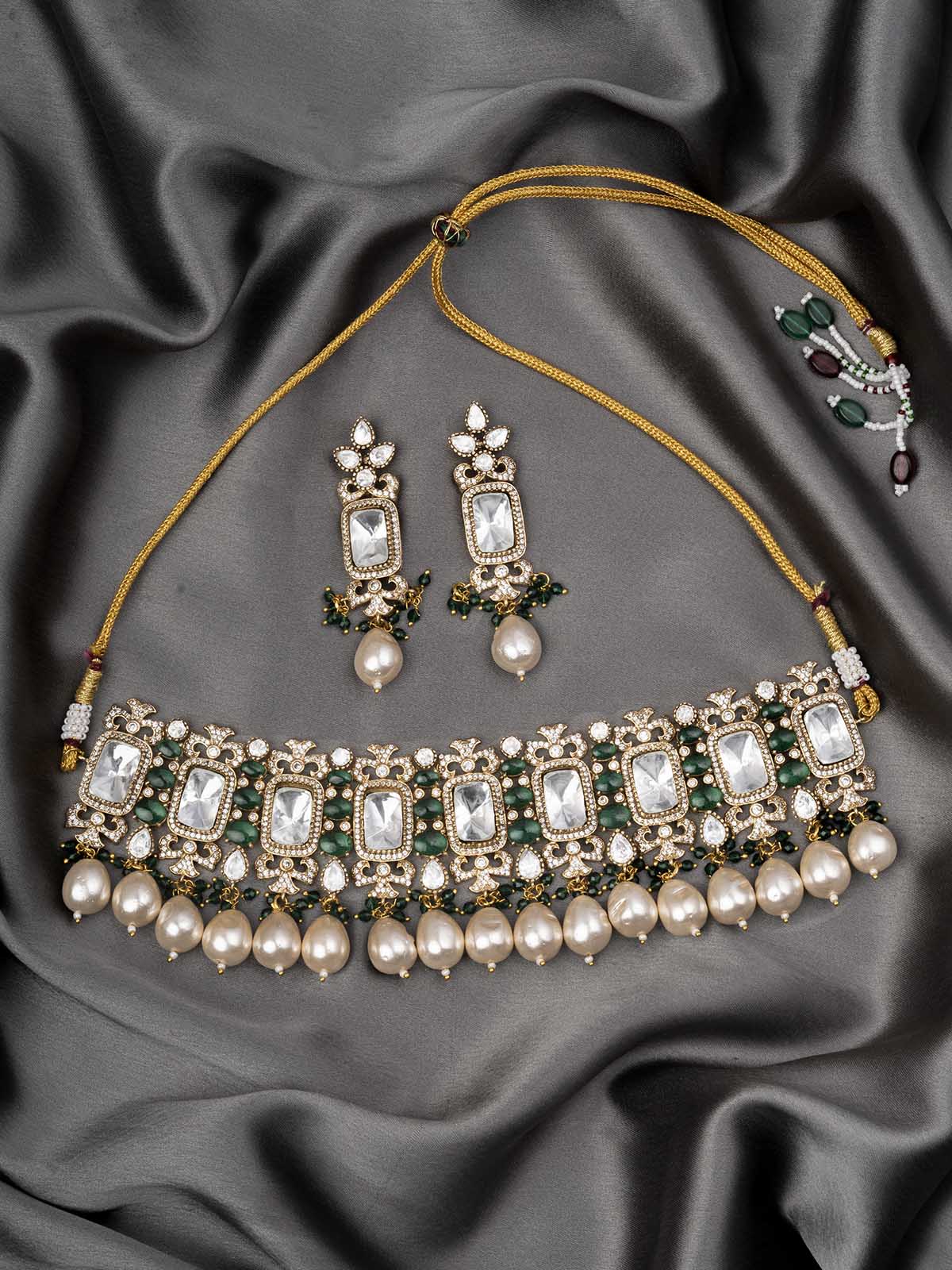 PK-S119A - Green Color Gold Plated Faux Diamond Short Necklace Set