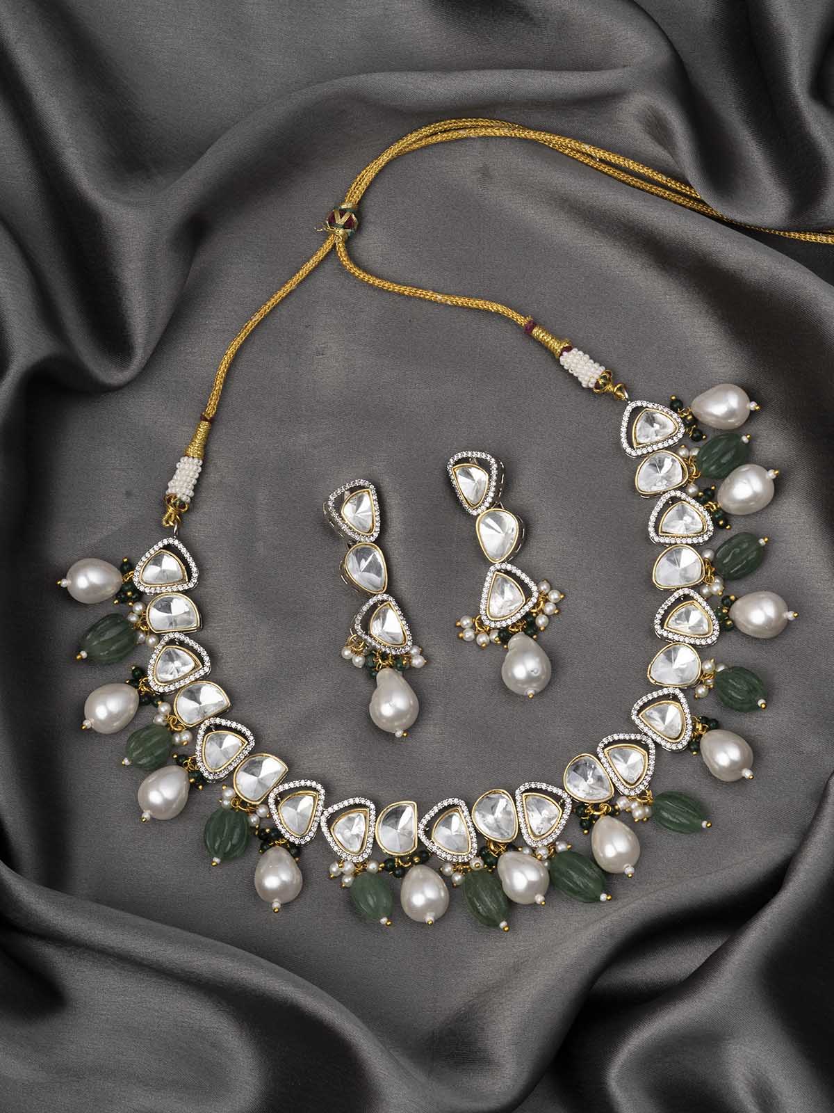PK-S120 - Green Color Faux Diamond Short Necklace Set