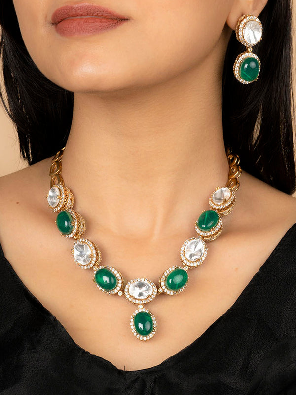 PK-S127GR - Green Color Faux Diamond Medium Necklace Set