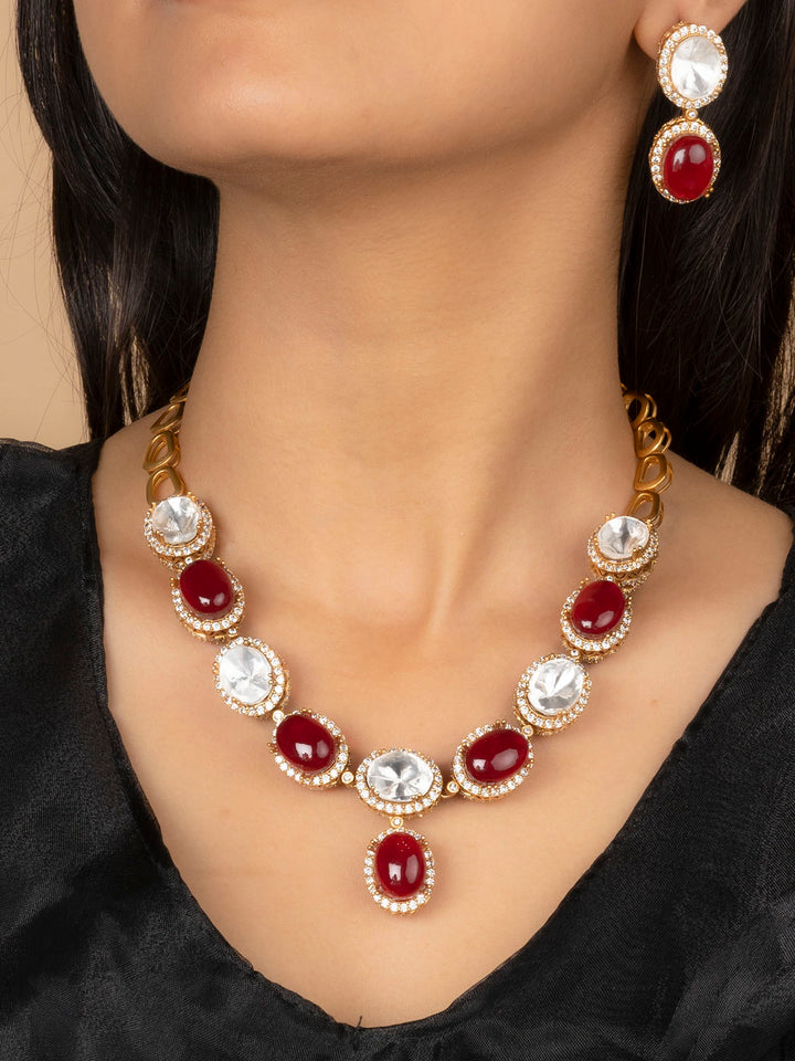 PK-S127R - Red Color Faux Diamond Medium Necklace Set