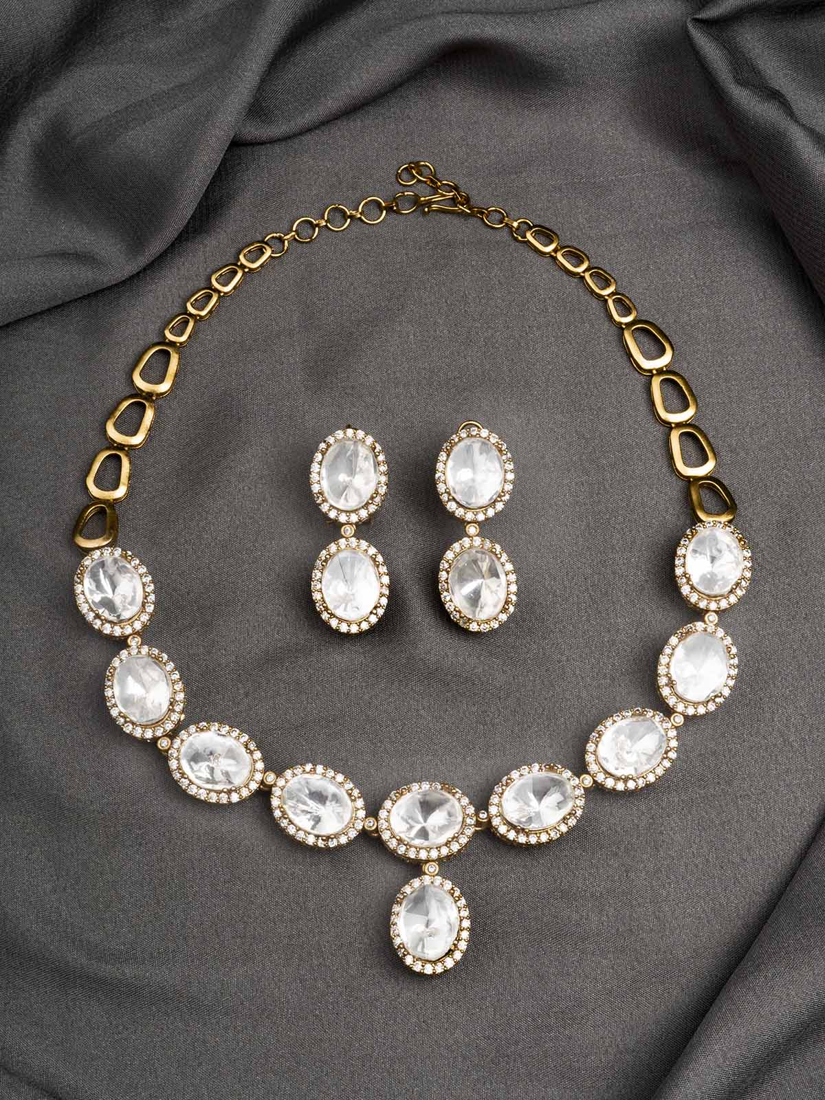 PK-S127 - White Color Faux Diamond Short Necklace Set