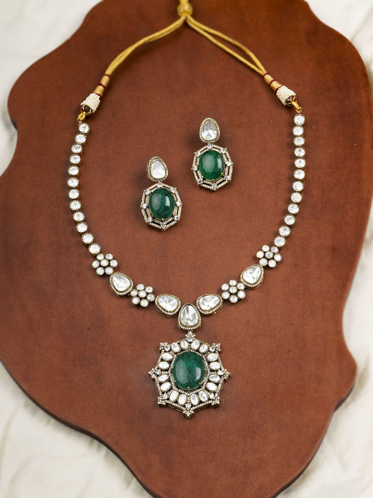 PK-S128GR - Green Color Gold Plated Faux Polki Necklace Set
