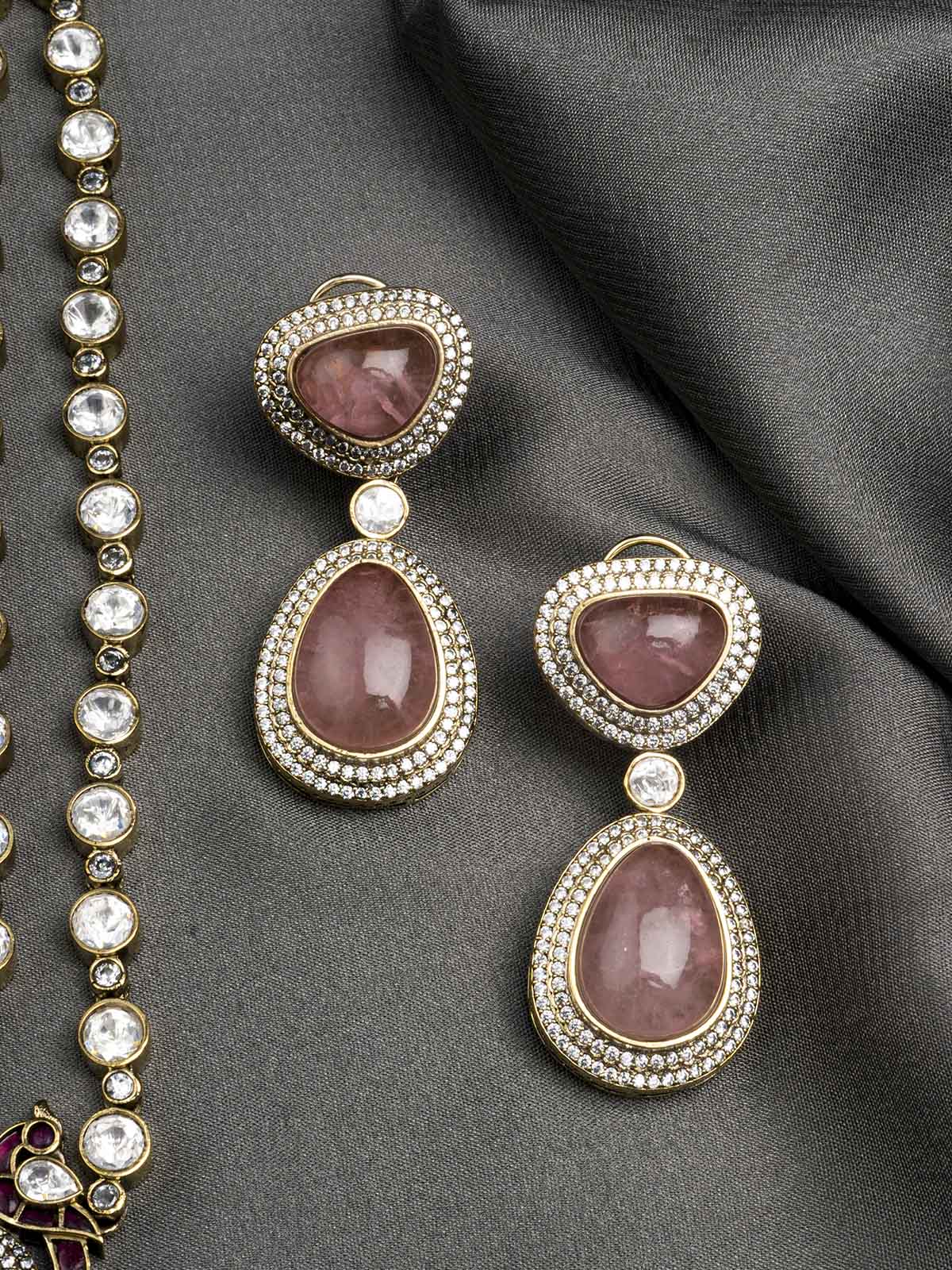 PK-S129LP - Pink Faux Diamond Medium Necklace Set