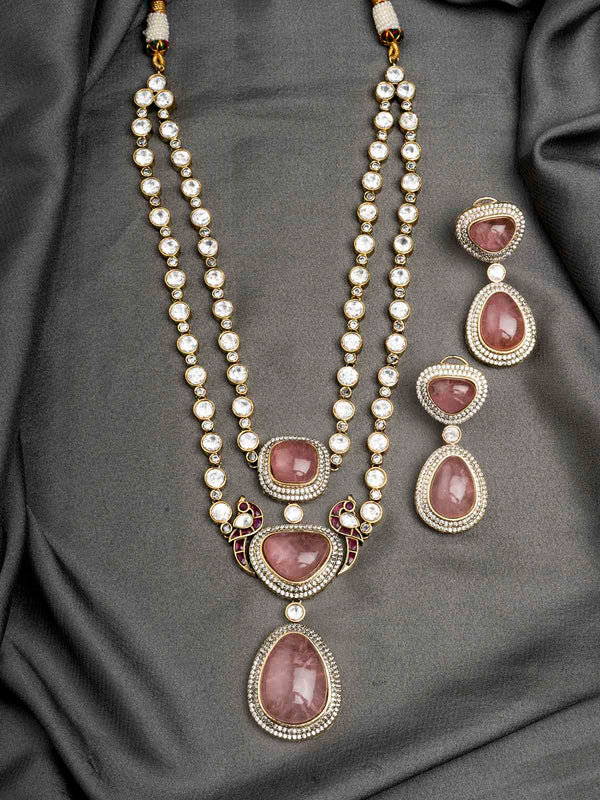 PK-S129LP - Pink Faux Diamond Medium Necklace Set