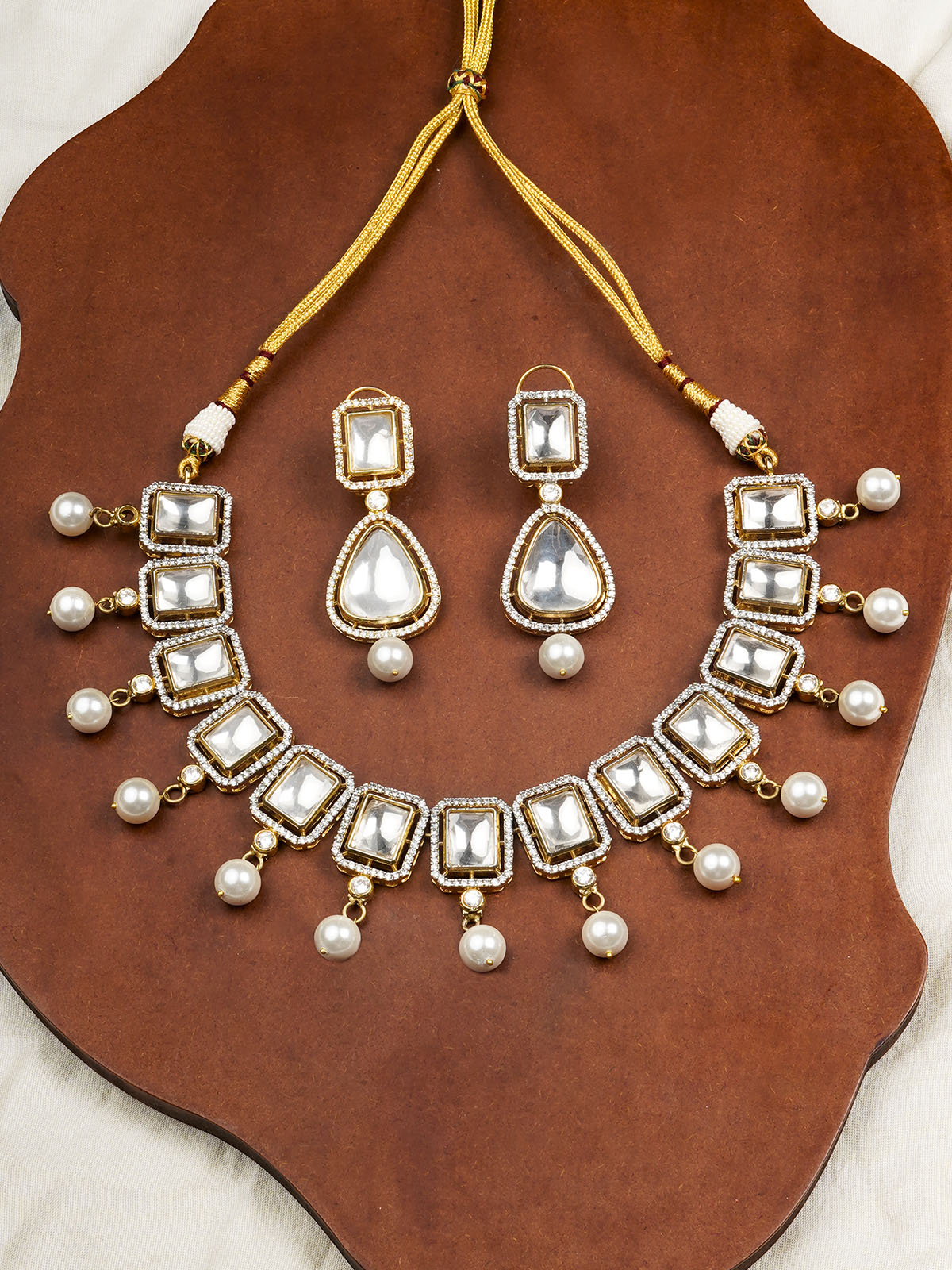 PK-S130 - White Color Gold Plated Faux Polki Necklace Set