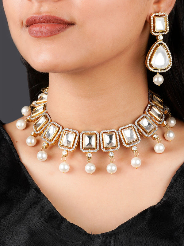 PK-S130 - White Color Gold Plated Faux Diamond Necklace Set