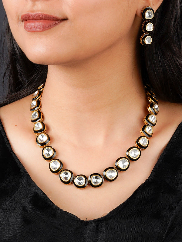 PK-S131B - Black Color Gold Plated Faux Polki Necklace Set
