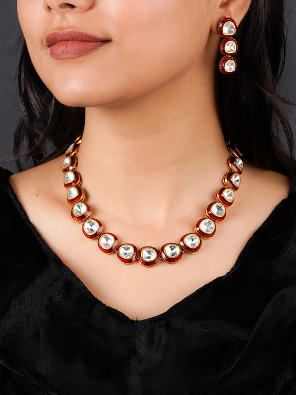 PK-S131R - Red Color Gold Plated Faux Polki Necklace Set