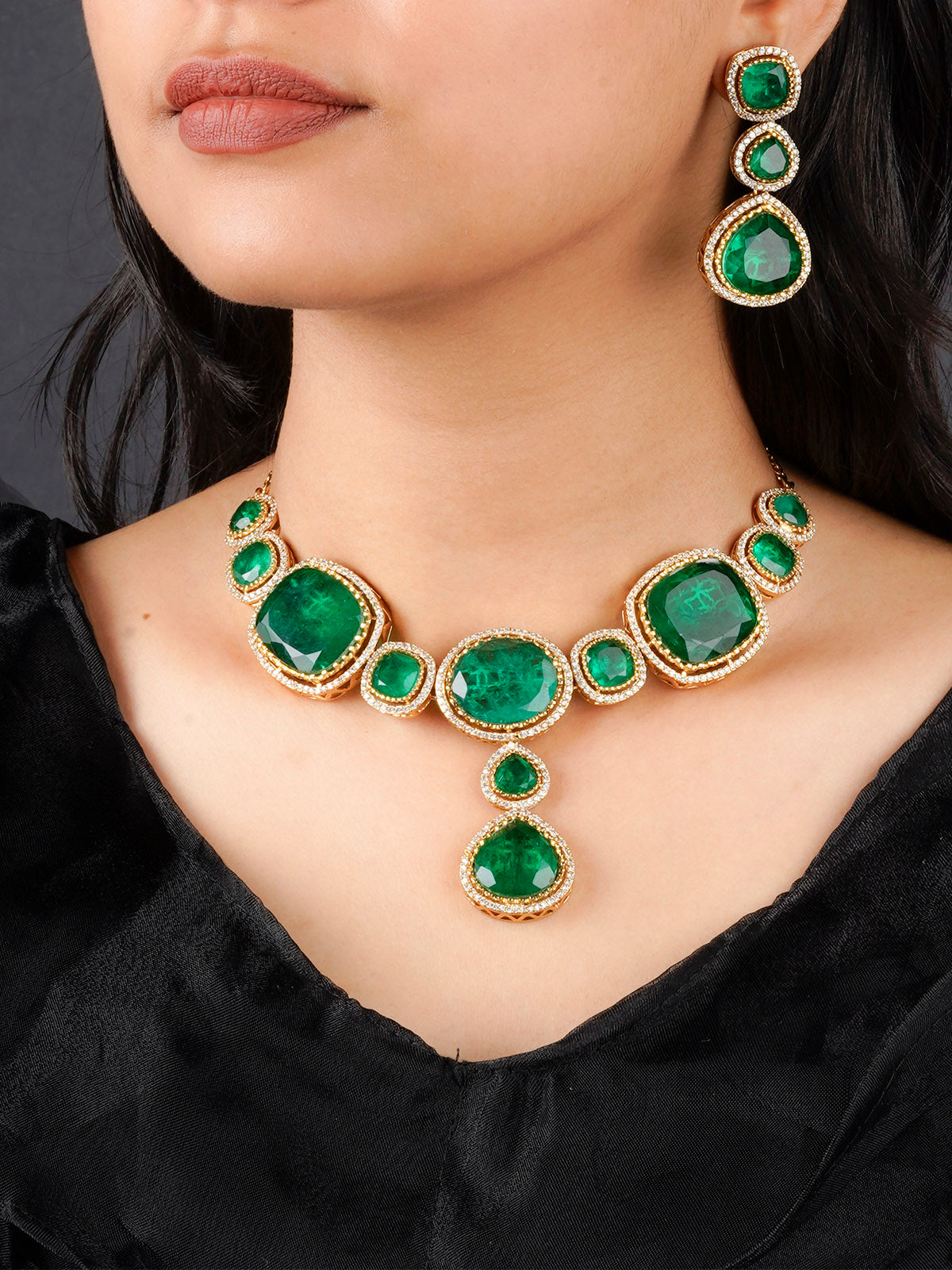 PK-S132GR - Green Color Gold Plated Faux Polki Necklace Set