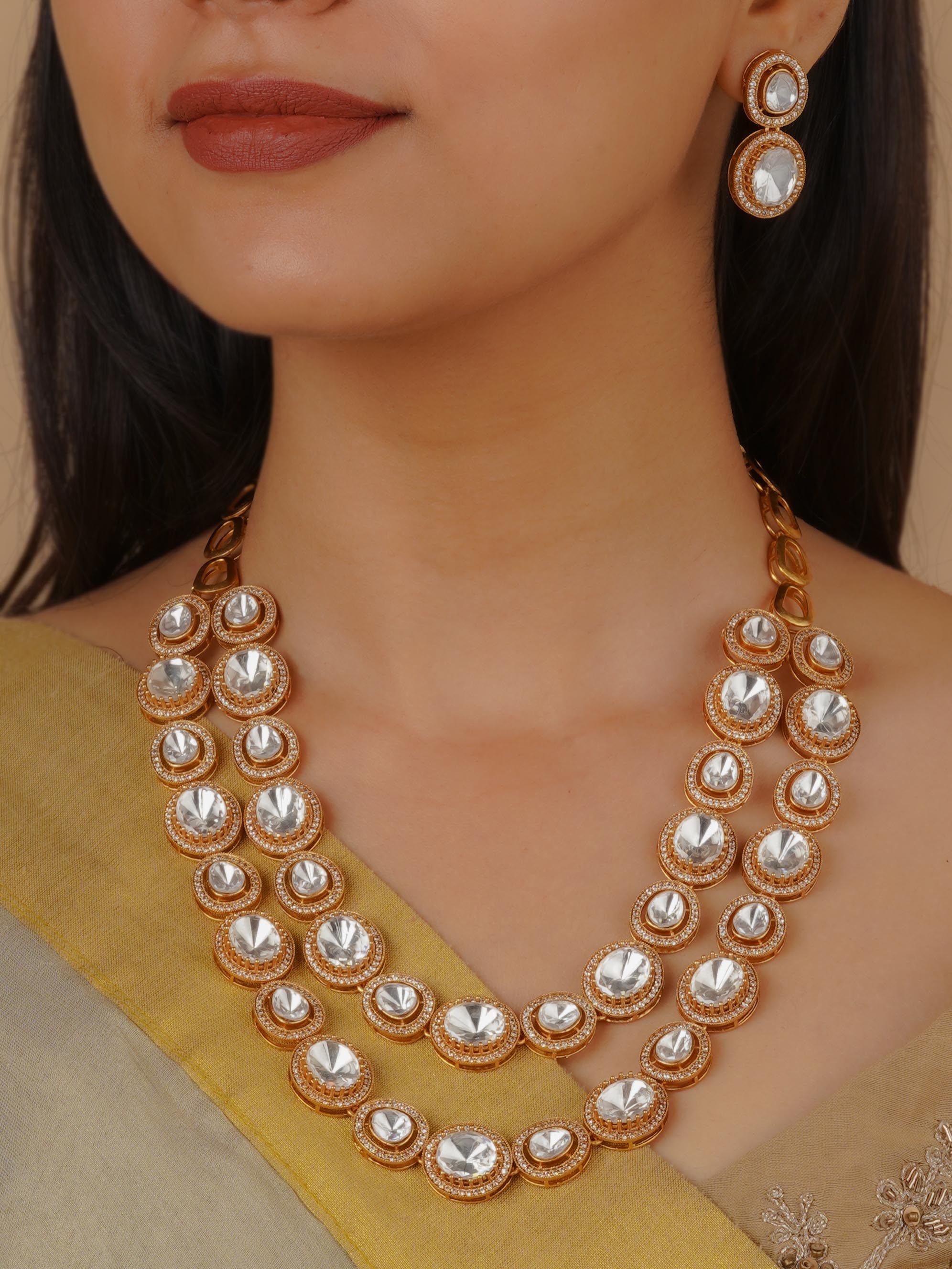 PK-S134 - White Color Gold Plated Faux Polki Necklace Set