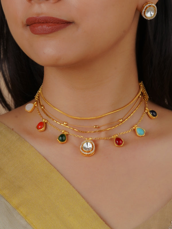 PK-S137M - Multicolor Gold Plated Faux Polki Necklace Set