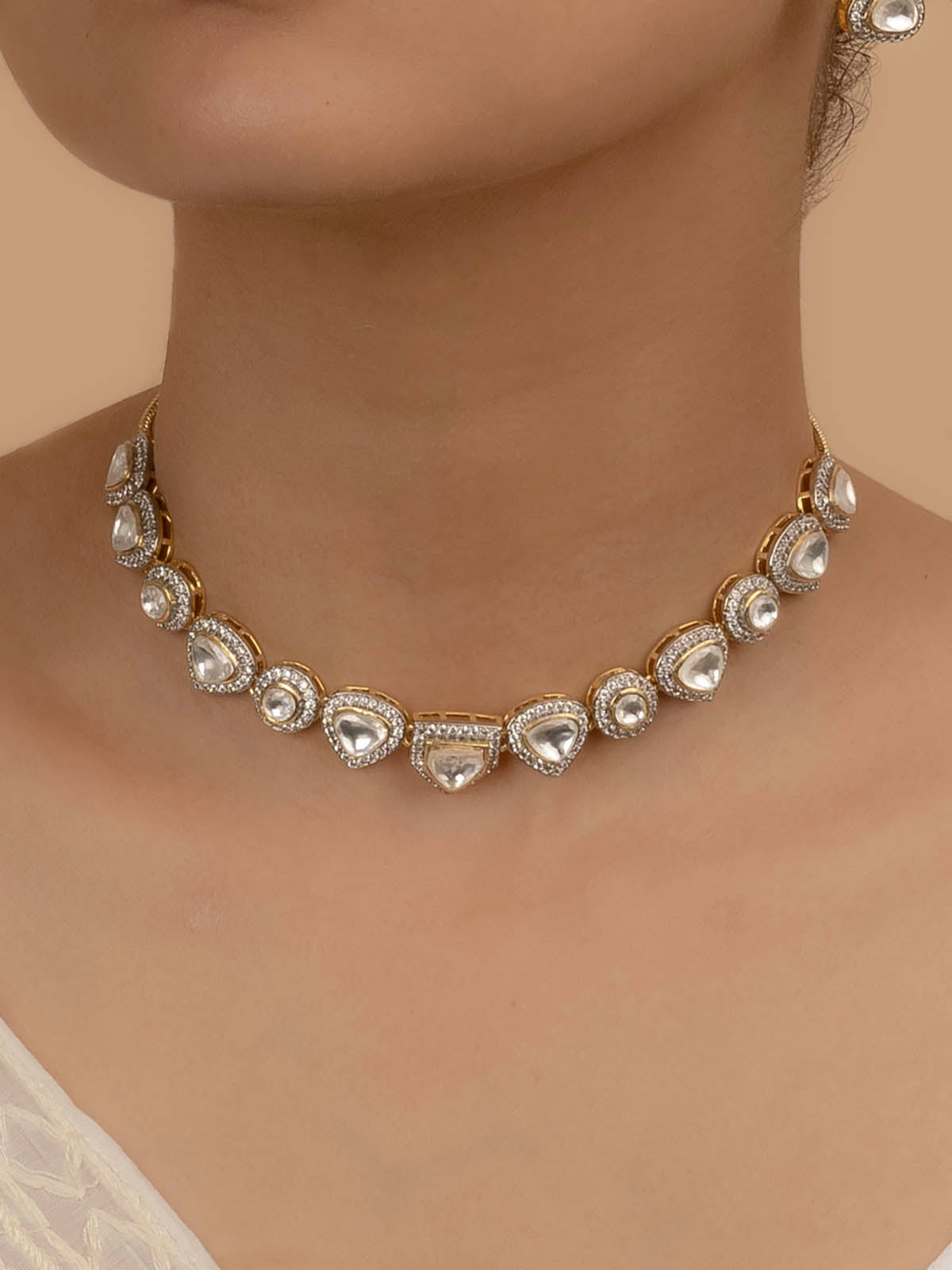 PK-S15 - White Color Faux Diamond Medium Necklace Set