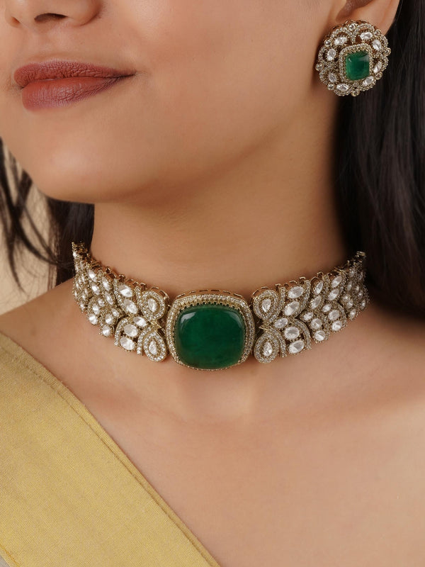 PK-S150GR - Green Color Gold Plated Faux Polki Necklace Set