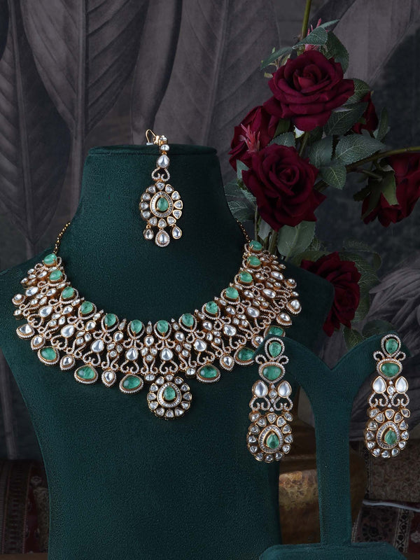 PK-S157LGR - Green Color Gold Plated Faux Polki Bridal Necklace Set