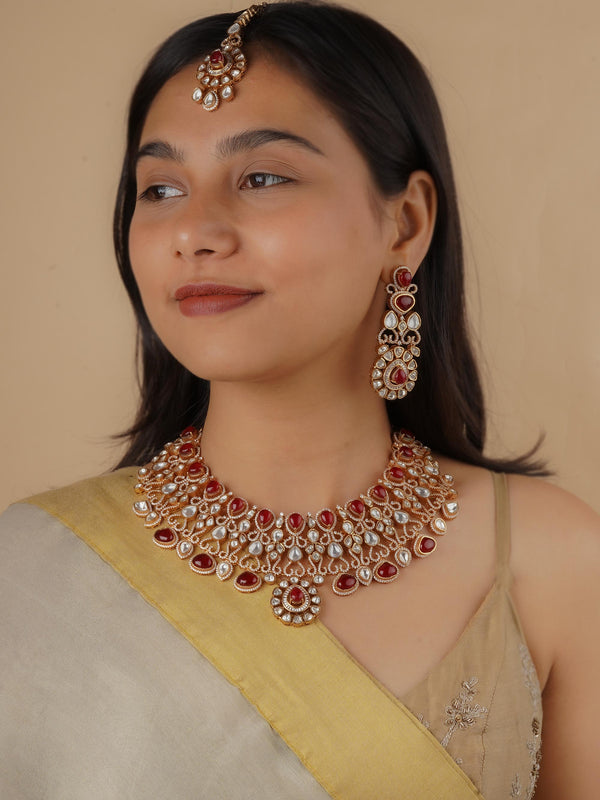 PK-S157P - Maroon Color Gold Plated Faux Polki Bridal Necklace Set