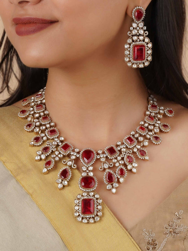 PK-S159R - Red Color Gold Plated Faux Polki Necklace Set