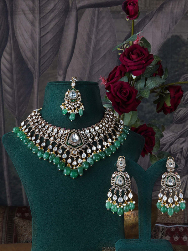PK-S163 - Green Color Gold Plated Faux Polki Bridal Necklace Set