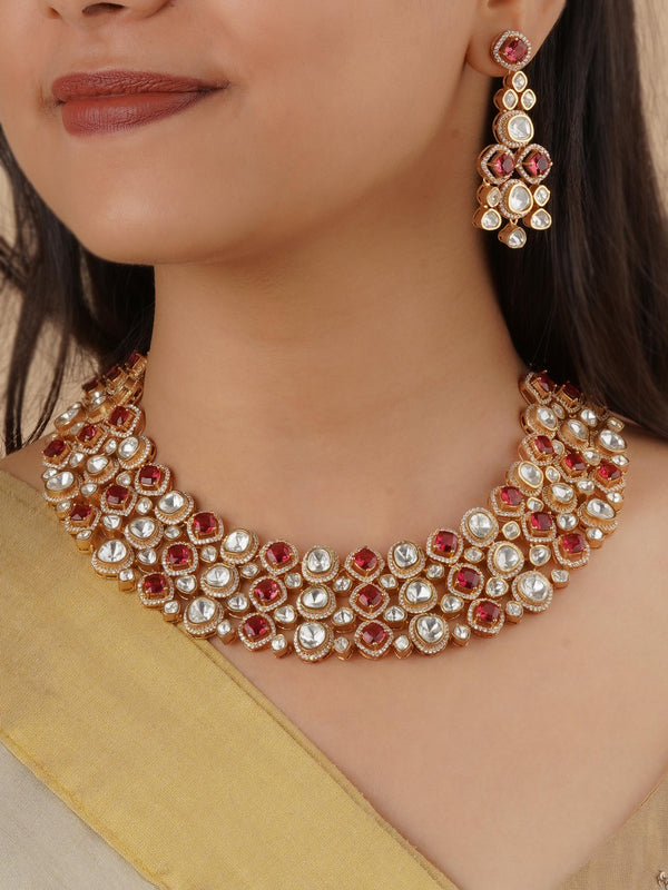 PK-S175WP - Pink Color Gold Plated Faux Polki Necklace Set