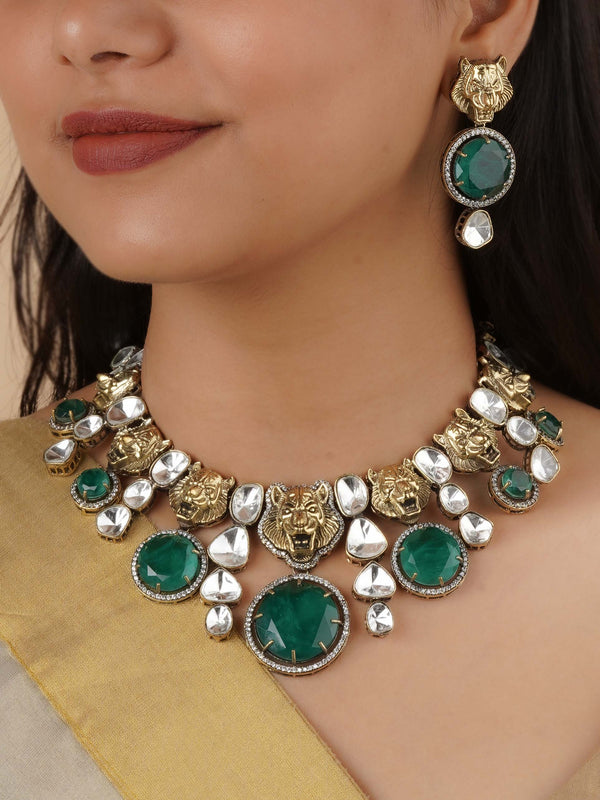 PK-S177GR - Green Color Gold Plated Faux Polki Necklace Set