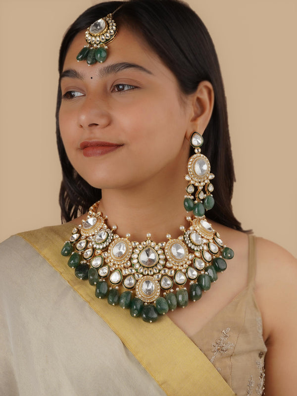 PK-S181WGR - Green Color Gold Plated Faux Polki Bridal Necklace Set