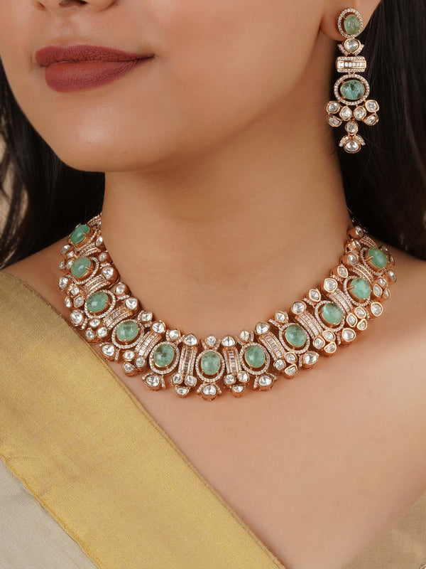 PK-S182LGR - Green Color Gold Plated Faux Polki Necklace Set