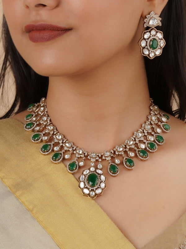 PK-S183GR - Green Color Gold Plated Faux Polki Necklace Set