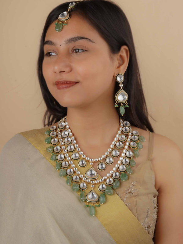 PK-S187WGR - Green Color Gold Plated Faux Polki Bridal Necklace Set