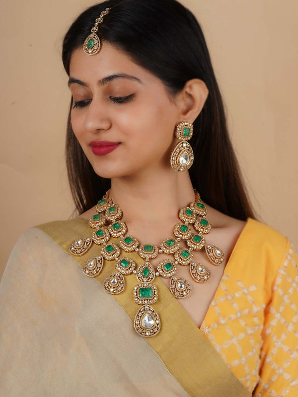 PK-S194WGR - Green Color Gold Plated Faux Polki Bridal Necklace Set