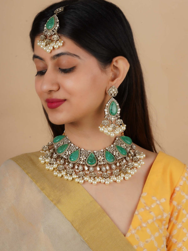 PK-S195 - Gold Plated Faux Polki Bridal Necklace Set