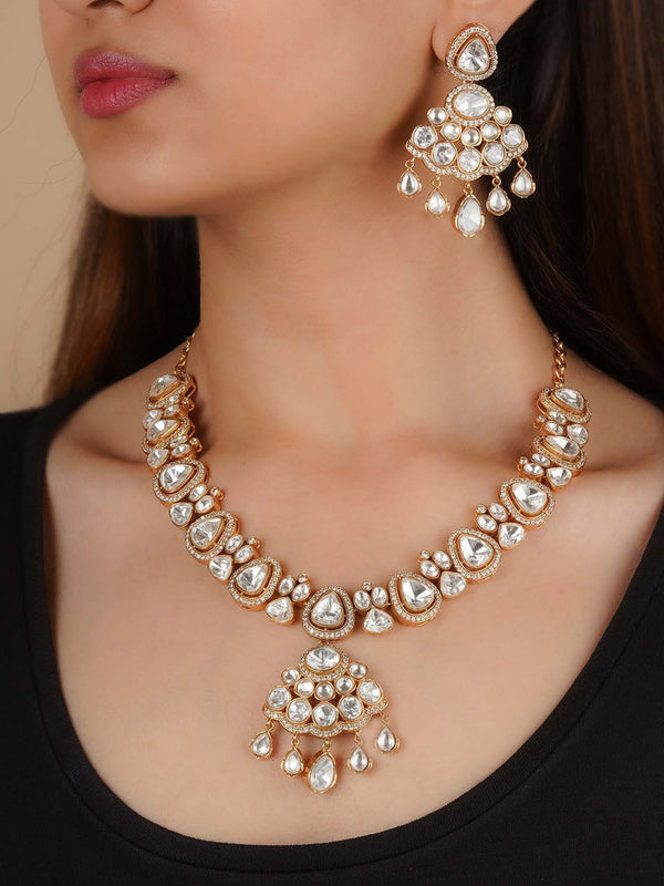 PK-S231 - White Color Gold Plated Faux Polki Necklace Set