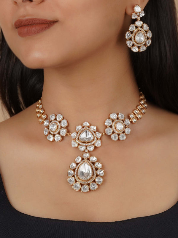PK-S239 - White Color Gold Plated Faux Polki Necklace Set