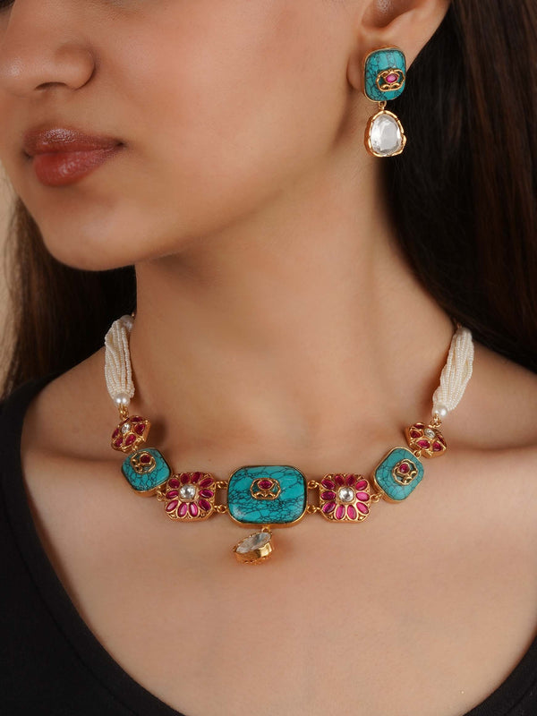 PK-S278MB - Multicolor Gold Plated Faux Polki Necklace Set
