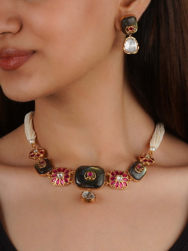 PK-S278MD - Multicolor Gold Plated Faux Polki Necklace Set