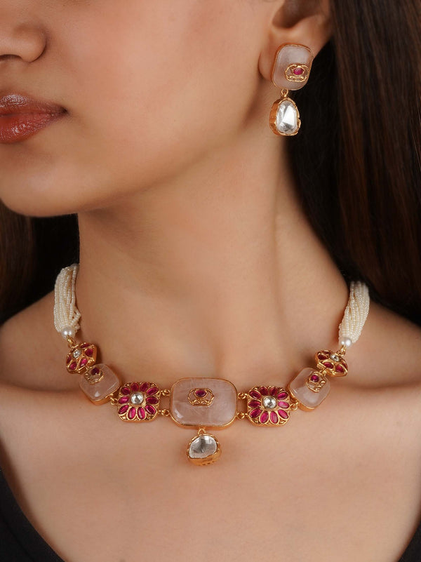 PK-S278ME - Pink Color Gold Plated Faux Polki Necklace Set