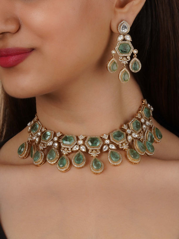 PK-S279LGR - Green Color Gold Plated Faux Polki Necklace Set