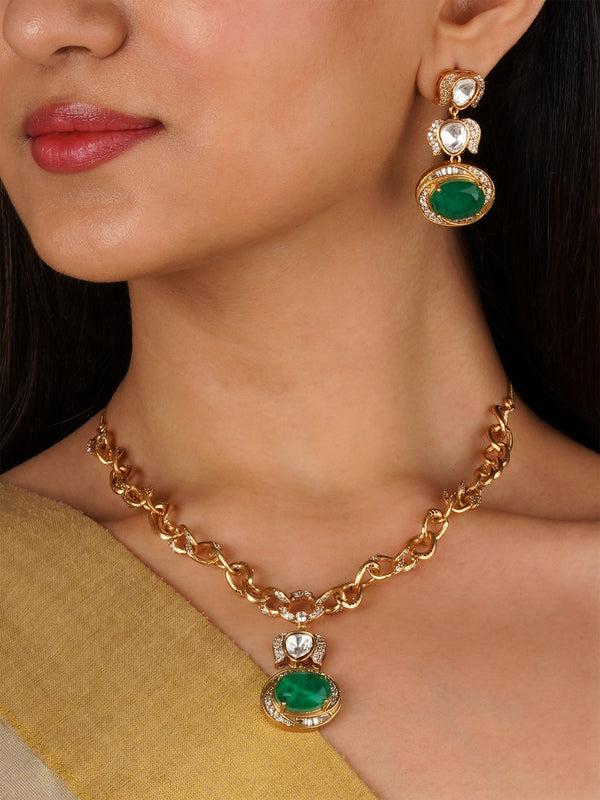 Green Color Gold Plated Faux Polki Necklace Set - PK-S285LGR