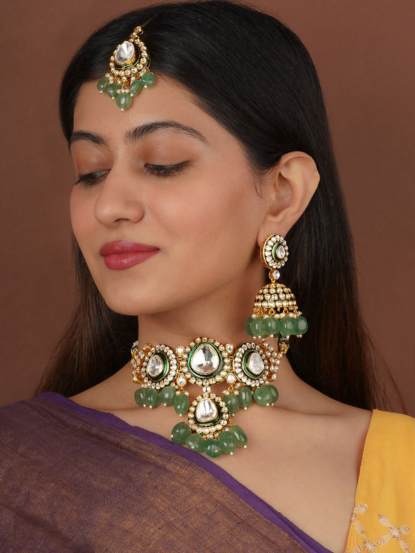 Green Color Gold Plated Faux Polki Bridal Necklace Set - PK-S292