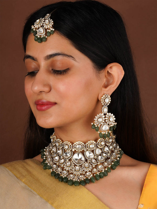 Green Color Gold Plated Faux Polki Bridal Necklace Set - PK-S293