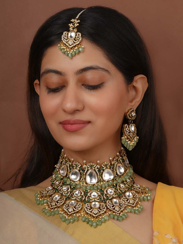Green Color Gold Plated Faux Polki Bridal Necklace Set - PK-S294