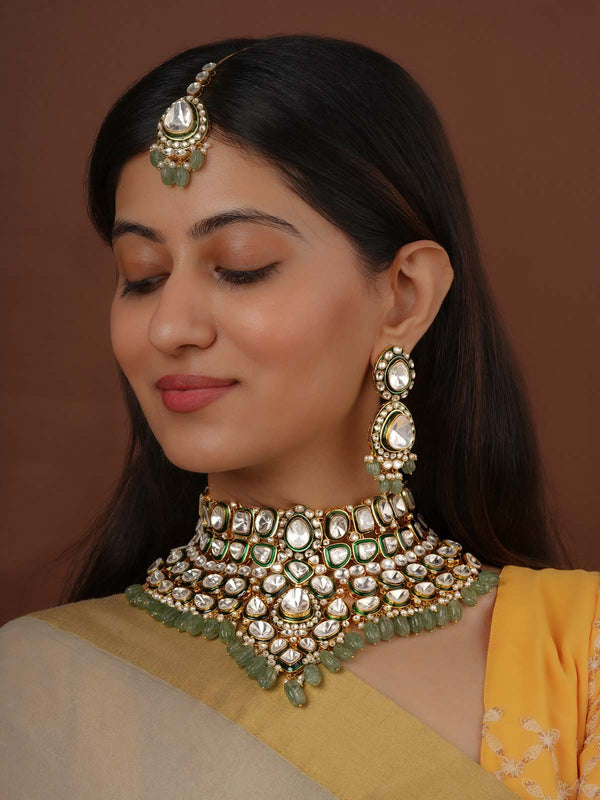 Green Color Gold Plated Faux Polki Bridal Necklace Set - PK-S295
