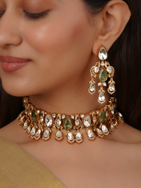 Gold Plated Faux Polki Necklace Set - PK-S317