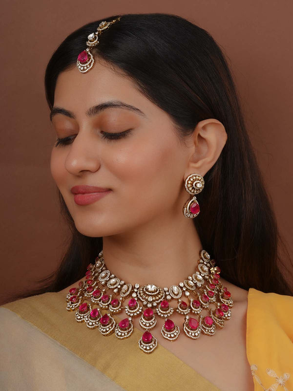 Pink Color Faux Polki Bridal Necklace Set - PK-S320P