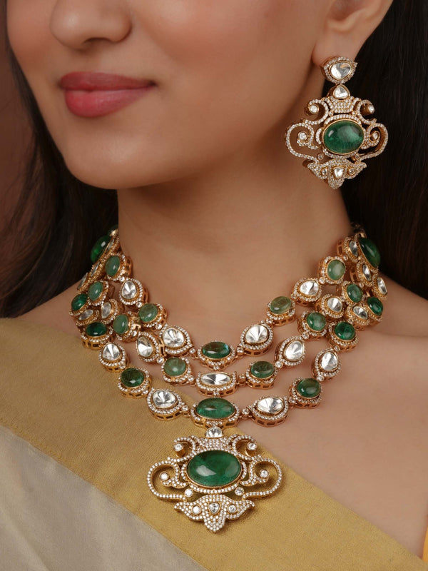 Green Color Gold Plated Faux Polki Necklace Set - PK-S324WGR