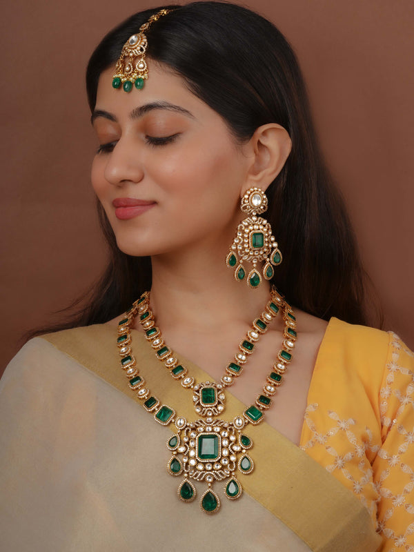Green Color Gold Plated Faux Polki Bridal Necklace Set - PK-S330WGR