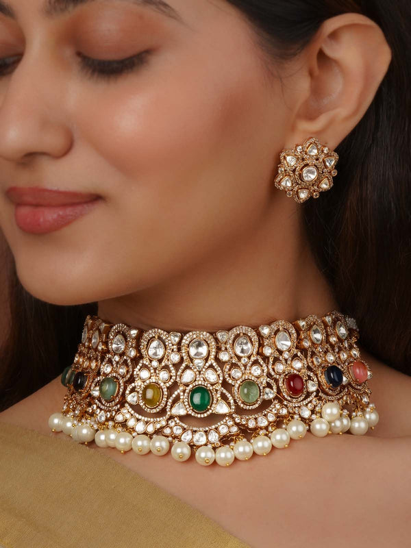 Navratna Gold Plated Faux Polki Necklace Set - PK-S334N
