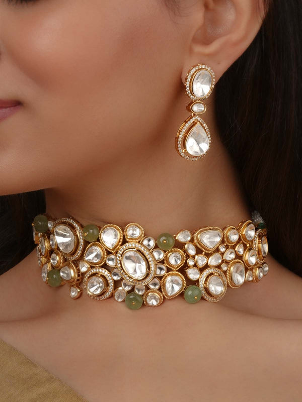 Green Color Gold Plated Faux Polki Necklace Set - PK-S337