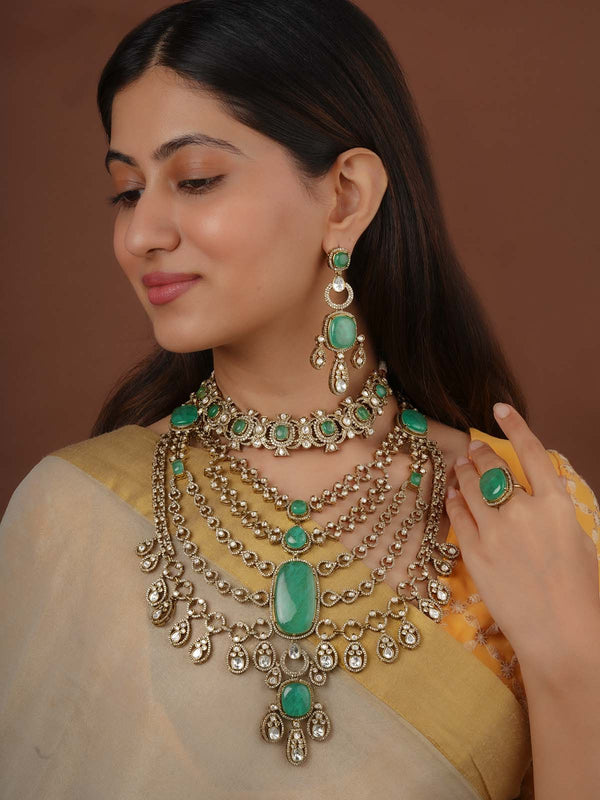 Green Color Gold Plated Faux Polki Necklace Set - PK-S338